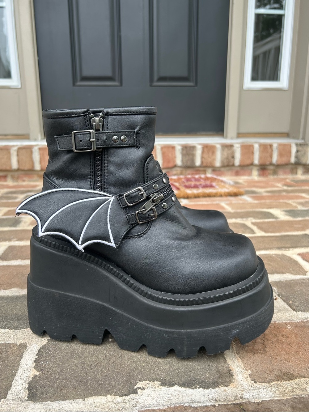 Demonia Shaker-55 Black Vegan Bat Platform Wedge Ankle Boots Goth Witch 6